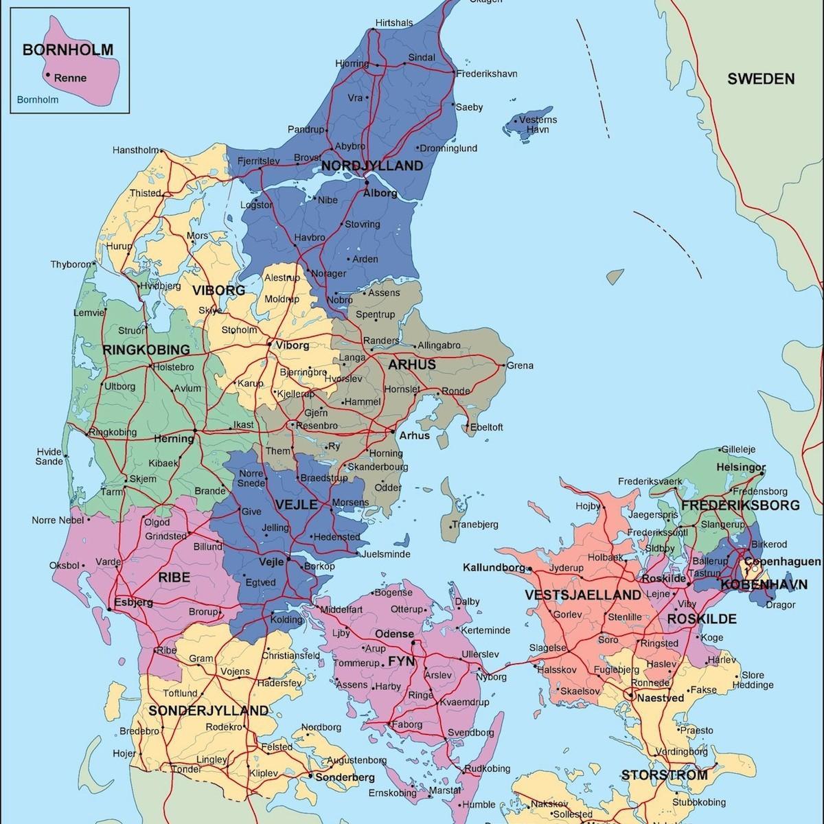 Mapa Danii polityczne 